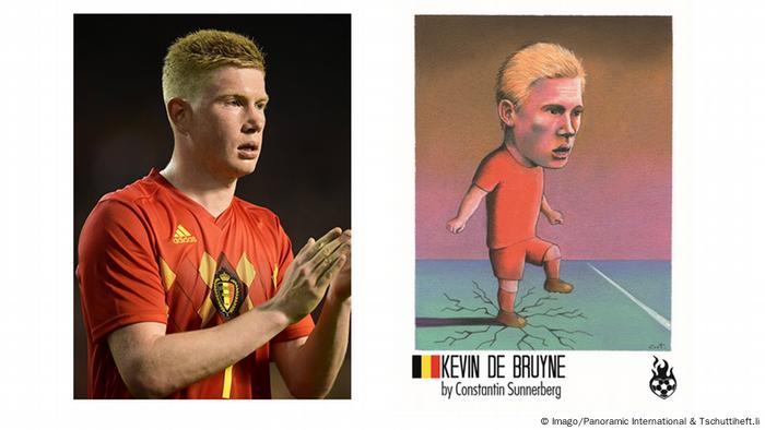 Kevin de Bruyne fotografiert und als Karikatur Tschuttiheft.li Karikaturen Fußballspieler | Original & Fälschung | Kevin de Bruyne (Imago/Panoramic International & Tschuttiheft.li)