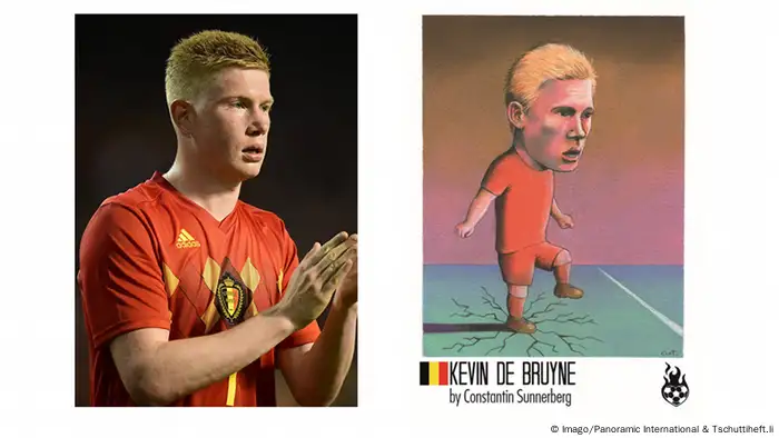 Kevin de Bruyne fotografiert und als Karikatur Tschuttiheft.li Karikaturen Fußballspieler | Original & Fälschung | Kevin de Bruyne (Imago/Panoramic International & Tschuttiheft.li)