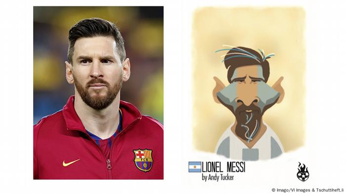 Lionel Messi fotografiert und als Karikatur Tschuttiheft.li Karikaturen Fußballspieler | Original & Fälschung | Lionel Messi (Imago/VI Images & Tschuttiheft.li)