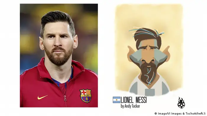 Lionel Messi fotografiert und als Karikatur Tschuttiheft.li Karikaturen Fußballspieler | Original & Fälschung | Lionel Messi (Imago/VI Images & Tschuttiheft.li)