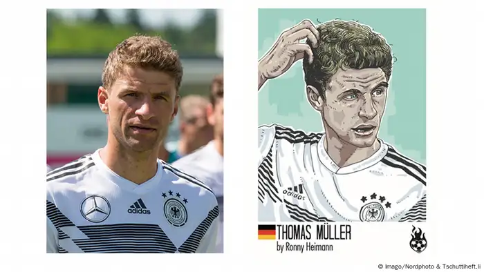 Porträt von Thomas Müller, Foto und Zeichnung Tschuttiheft.li Karikaturen Fußballspieler | Original & Fälschung | Thomas Müller (Imago/Nordphoto & Tschuttiheft.li)