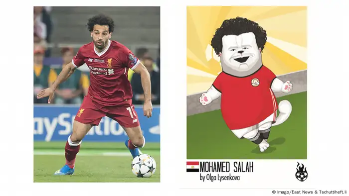 Mohamed Salah, links während eines Spiels, rechts als Katzenkarikatur Tschuttiheft.li Karikaturen Fußballspieler | Original & Fälschung | Mohamed Salah (Imago/East News & Tschuttiheft.li)