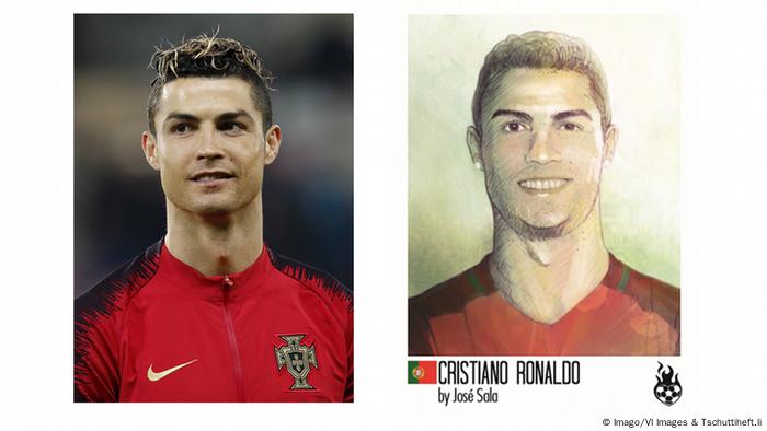 Foto und Zeichnung von Cristiano Ronaldo Tschuttiheft.li Karikaturen Fußballspieler | Original & Fälschung | Cristiano Ronaldo (Imago/VI Images & Tschuttiheft.li)