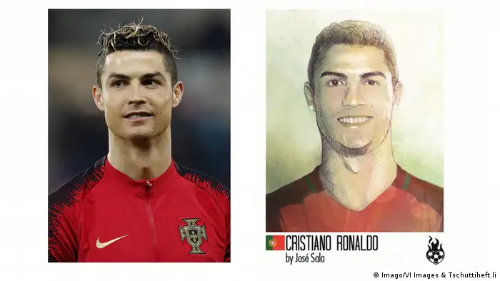 Foto und Zeichnung von Cristiano Ronaldo Tschuttiheft.li Karikaturen Fußballspieler | Original & Fälschung | Cristiano Ronaldo (Imago/VI Images & Tschuttiheft.li)