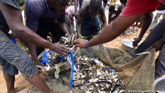 Elfenbeinküste Fischer mit Plastik-Müll im Netz