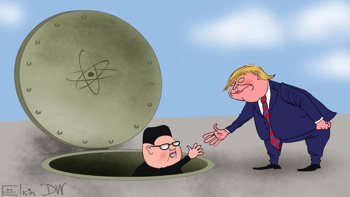 Дональд Трамп подает руку Ким Чен Ыну, помогая ему выбраться из подземного бункера. Карикатура Сергея Елкина