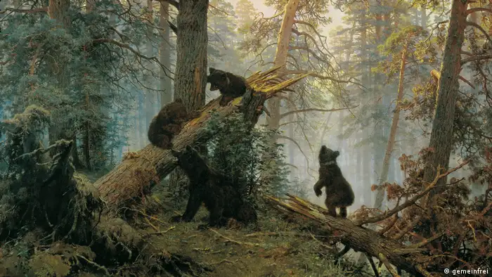 a painting of a forest scene with bears climbing a fallen tree 