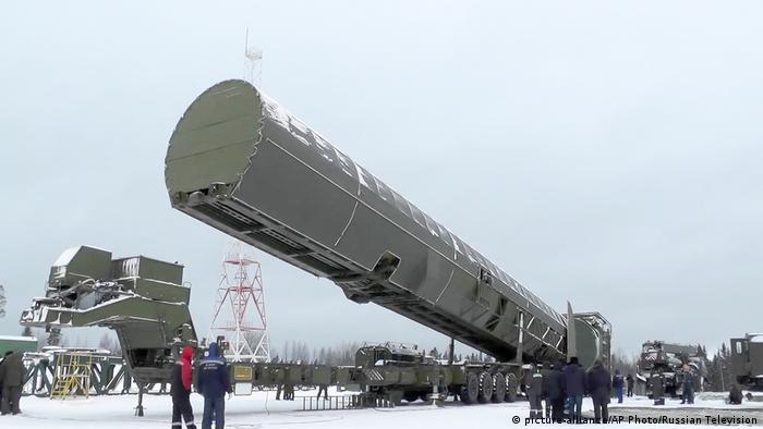 In this video grab provided by RU-RTR Russian television via AP television on Thursday, March 1, 2018, Russia's new Sarmat intercontinental missile is shown at an undisclosed location in Russia.