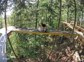 Ein Rollstuhlfahrer fährt auf breiten Platten zwischen Bäumen (Foto: dpa)