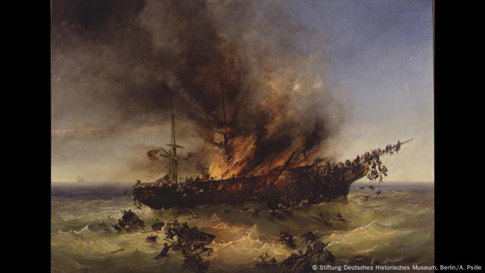 Painting of a burning ship at sea © Stiftung Deutsches Historisches Museum, Berlin / A. Psille
