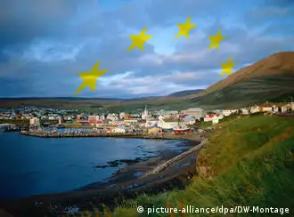 A photo-illustration showing a scene of the Icelandic coastline, with the European Union flag sumperimposed over it