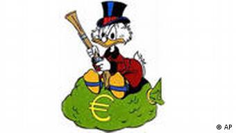 Dagobert Duck auf Euro Geldsack