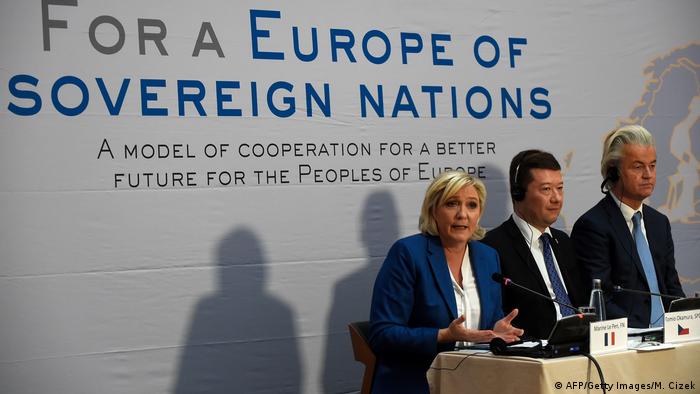 Marine Le Pen, head of French far-right National Front (FN) party, Tomio Okamura, leader of Czech far-right Freedom and Direct Democracy party (SPD) and Dutch far-right politician Geert Wilders of the PVV party (Partij voor de Vrijheid) give a press conference during a conference of the rightwing Europe of Nations and Freedom (ENF) group in the European parliament on December 16, 2017
