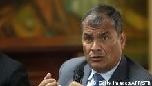Former Ecuadorian president Rafael Correa testifies in connection with a case of alleged corruption, at the public prosecutor's office in Guayaquil, Ecuador on February 5, 2018.
Correa testified just a few hours after Ecuadorians voted in a referendum to limit presidents to two terms, dealing a major blow to his hopes of returning to power. / AFP PHOTO / STR (Photo credit should read STR/AFP/Getty Images)