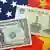 Флаги США и КНР и купюры доллара и юаня