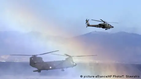 Military helicopters operate during a NATO drill