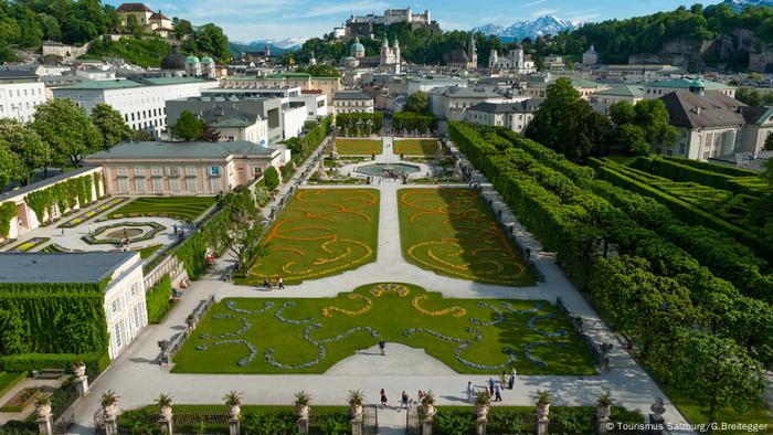 A view of the Mirabell Palace and grounds from above. (Tourismus Salzburg/G.Breitegger)