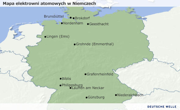 Karte Deutschland Standorte der deutschen Atomkraftwerke Überschrift: polnisch
