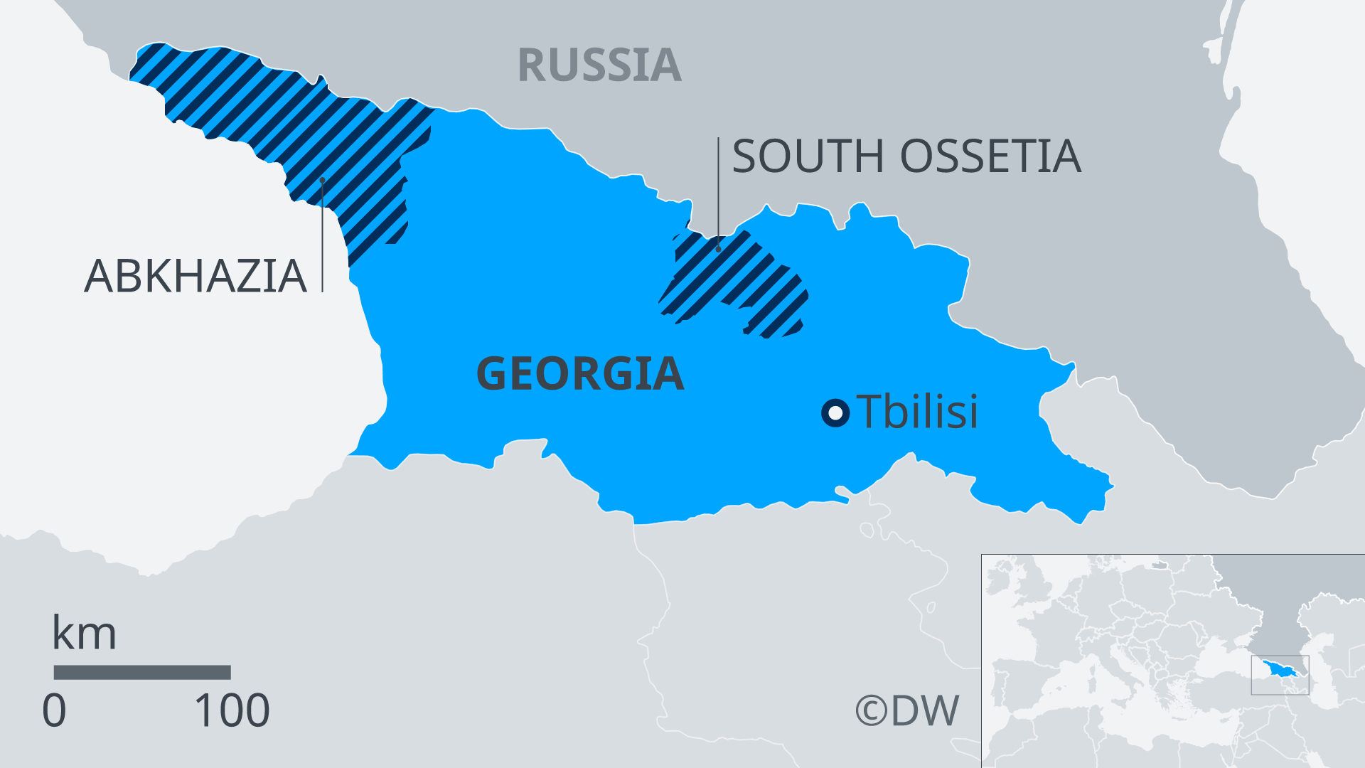 Map showing Georgia and self-proclaimed republics of South Ossetia and Abkhazia