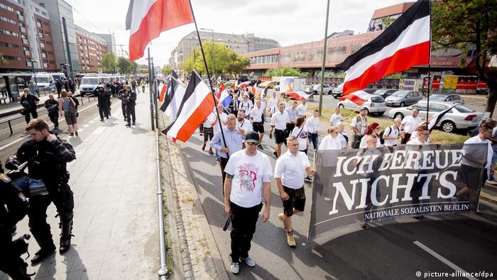 Neo-Nazi demonstrators in Berlin hold a banner that reads I regret nothing