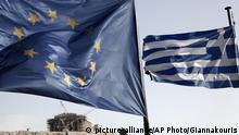 A Greek and a European Union flag billow in the wind as the ruins of the fifth century BC Parthenon temple is seen in the background on the Acropolis hill, in Athens, Friday, Jan. 23, 2015. Prime Minister Antonis Samaras' New Democracy party has failed so far to overcome a gap in opinion polls with the anti-bailout Syriza party ahead of the Jan. 25 general election. (AP Photo/Petros Giannakouris) |