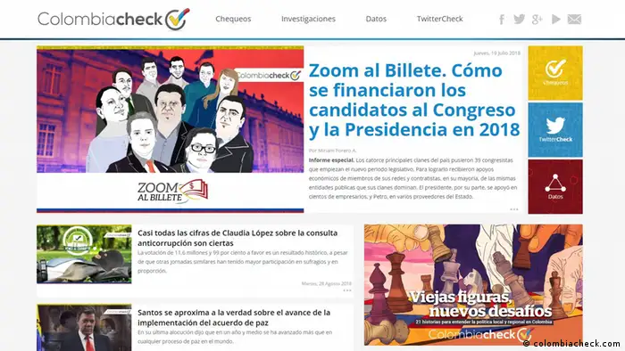 Colombiacheck ist ein bisher einzigartiges digitales Rechercheprojekt in Kolumbien. Hier nehmen die Journalistinnen und Journalisten die Wahlkampffinanzierung unter die Lupe. Screenshot der Webseite www.colombiacheck.com.