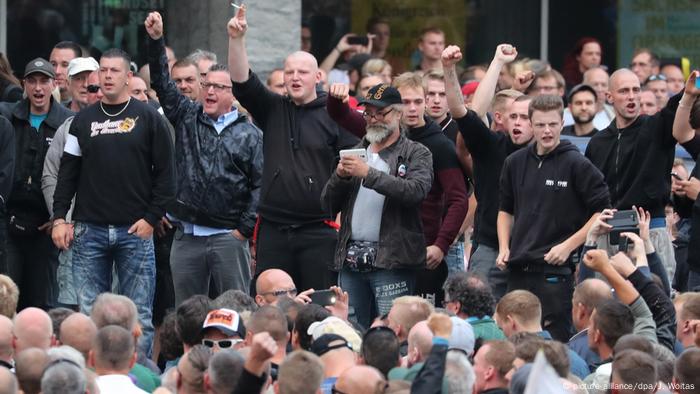 Demonstrators take part at a right-wing protest in Chemnitz, Germany