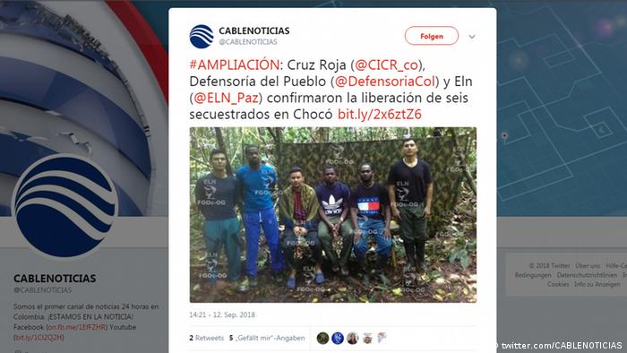 ELN läßt 6 Gekidnappte in Kolumbien frei (twitter.com/CABLENOTICIAS)