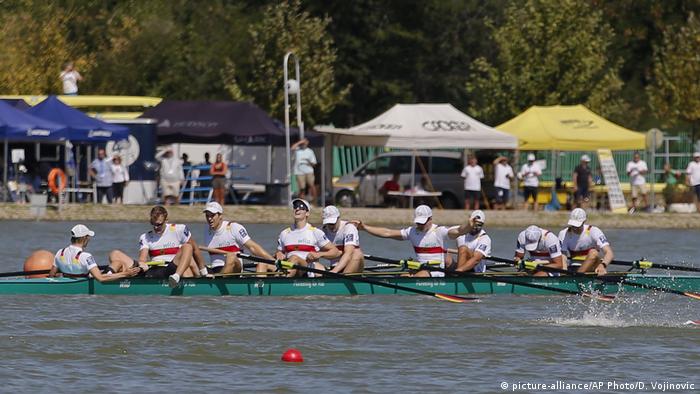 Germany's crew celebrates winning the gold medal of the Men's Eight in Plovdiv, Bulgaria