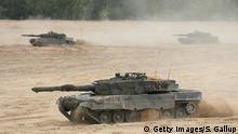 ZAGAN, POLAND - JUNE 18: Leopard 2 tanks of the Polish Army participate in the NATO Noble Jump military exercises of the VJTF forces on June 18, 2015 in Zagan, Poland. The VJTF, the Very High Readiness Joint Task Force, is NATO's response to Russia's annexation of Crimea and the conflict in eastern Ukraine. Troops from Germany, Norway, Belgium, Poland, Czech Republic, Lithuania and Belgium were among those taking part today. (Photo by Sean Gallup/Getty Images)