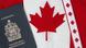 A Canadian passport on a Canadian flag A Canadian passport on a Canadian flag