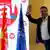 Zoran Zaev in front of EU, Macedonian and NATO flags