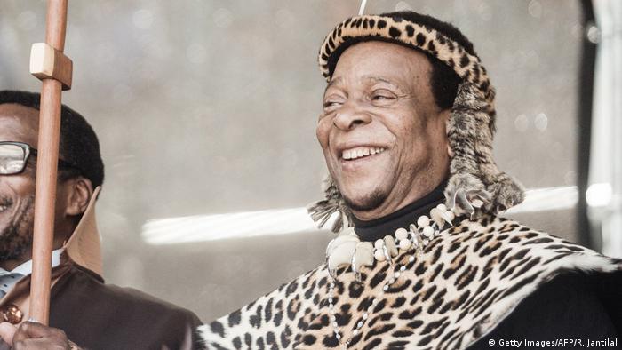 Zulu King Goodwill Zwelithini dressed in traditional attire smiles during a ceremony in Durban