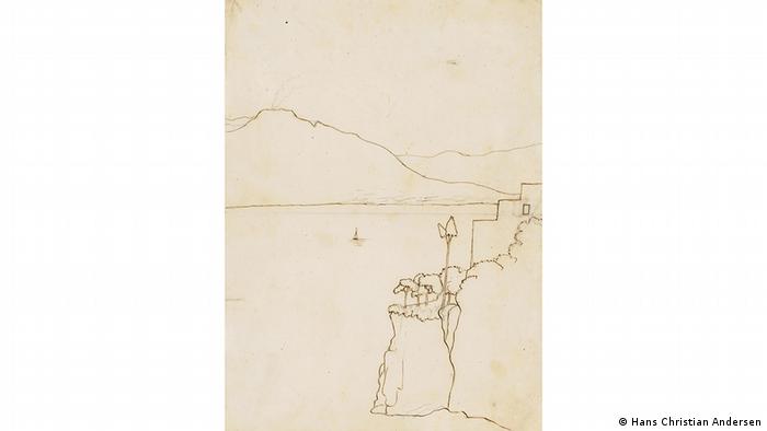 Zarte Zeichnung von Hans Christian Andersen mit Meer und Bergen. (Hans Christian Andersen)