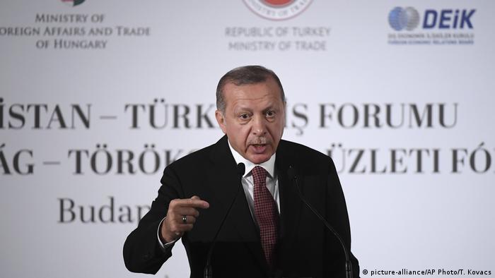Turkish President Recep Tayyip Erdogan addresses a business forum during his visit to Budapest, Hungary.
