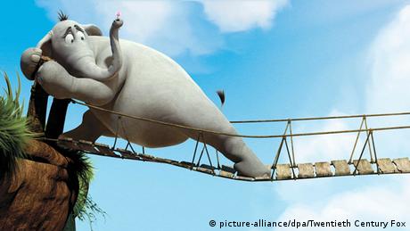 Der Zeichentrickfilm-Elefant Horton versucht, eine wackelige Hängebrücke zu betreten