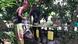A man and a woman in a pink headwrap stand over a table laden with vegetables under a few trees A man and a woman in a pink headwrap stand over a table laden with vegetables under a few trees