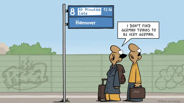 Cartoon by Miguel Fernandez features men at train stop with a sign saying train is delayed 40 minutes
