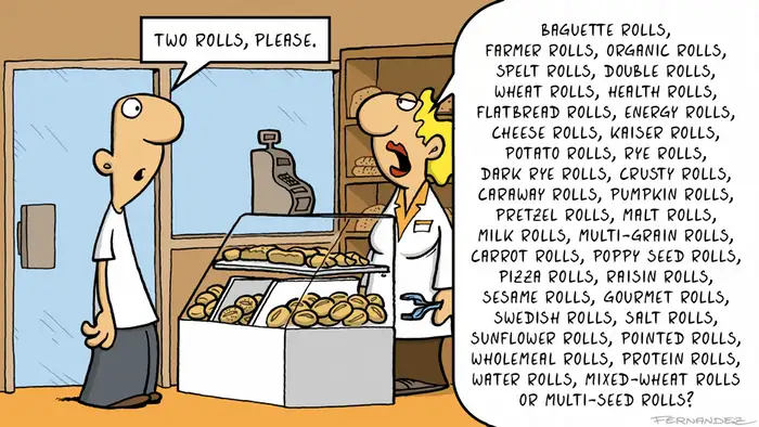 Cartoon of a man being served at a bakery