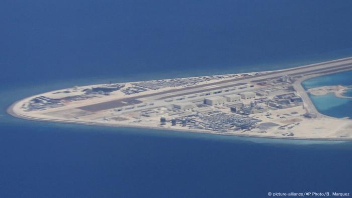 An airstrip, structures and buildings on China's man-made Subi Reef in the Spratly chain of islands