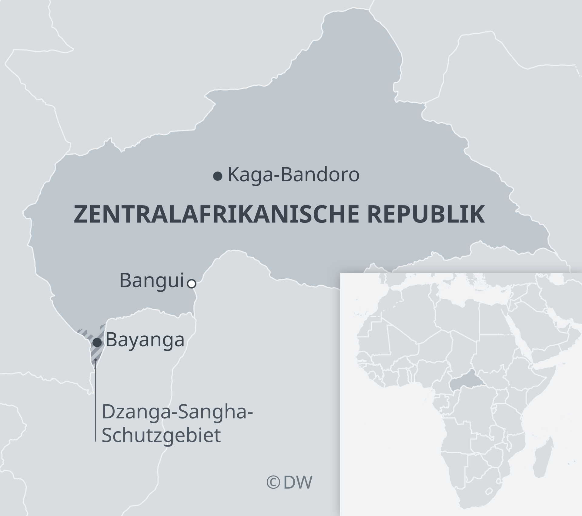 Karte der Zentralafrikanischen Republik mit Dzanga-Sangha-Schutzgebiet