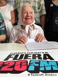 Human rights activist Nora Cortinaz attends the Confluencia Fuera G20 press conference in Buenos Aires