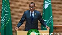 Africa Union Chairperson and the President of Rwanda Paul Kagame delivers a speech during the 11th Extraordinary Session of the Assembly of the African Union in Addis Ababa, Ethiopia, on November 17, 2018. - Kagame on November 17 urged African heads of state to come to an agreement on long-debated reforms to their continental body at a special summit in the Ethiopian capital. (Photo by Monirul BHUIYAN / AFP) (Photo credit should read MONIRUL BHUIYAN/AFP/Getty Images)
