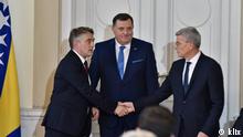 Das Präsidium von Bosnien und Herzegowina; von links nach rechts: Zeljko Komsic, Milorad Dodik, Sefik Dzaferovic
