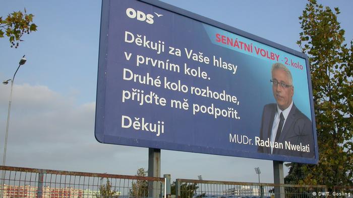 A campaign billboard for incumbent Mayor Raduan Nwelati in Mlada Boleslav, Czech Republic
