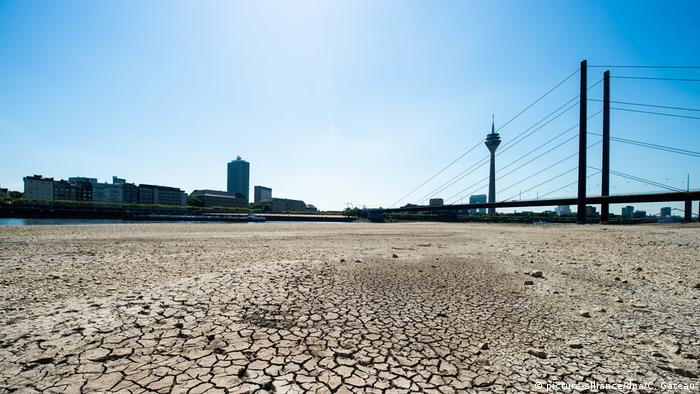 Ausgetrocknete Erde im Flussbett des Rheins bei Düsseldorf in Nordrhein-Westfalen, Deutschland