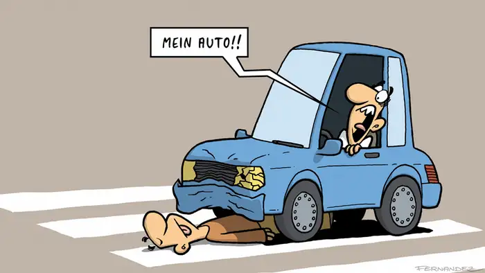 Cartoon showing a driver running over someone in his car