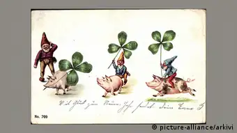 Historische Weihnachtskarten Zwerge auf Schweinen