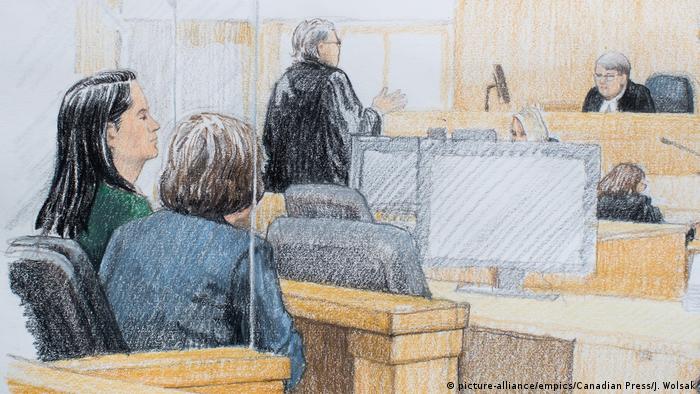 Imagen dibujada de una de las audiencias contra Meng Wanzhou en Canadá