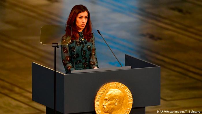 Nadia Murad speaks at the Nobel Peace Prize ceremony